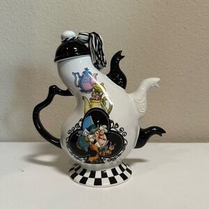 Whimsical Black and White Alice in Wonderland Teapot with Characters